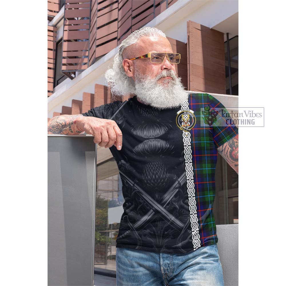 Calder Tartan Cotton T-shirt with Family Crest Cross Sword Thistle Celtic Vibes - Tartan Vibes Clothing