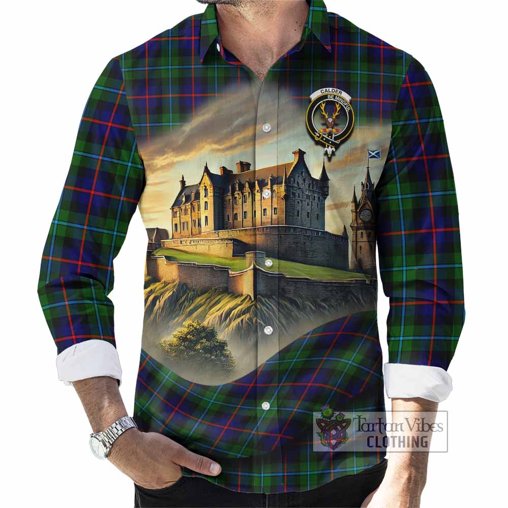 Tartan Vibes Clothing Calder Tartan Family Crest Long Sleeve Button Shirt with Scottish Ancient Castle Style