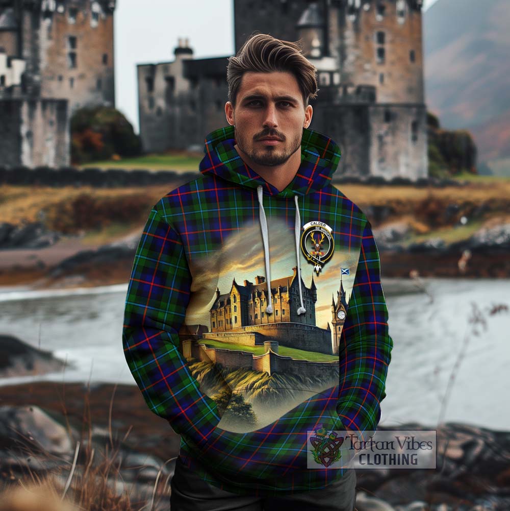 Calder Tartan Family Crest Cotton Hoodie with Scottish Ancient Castle Style - Tartan Vibes Clothing