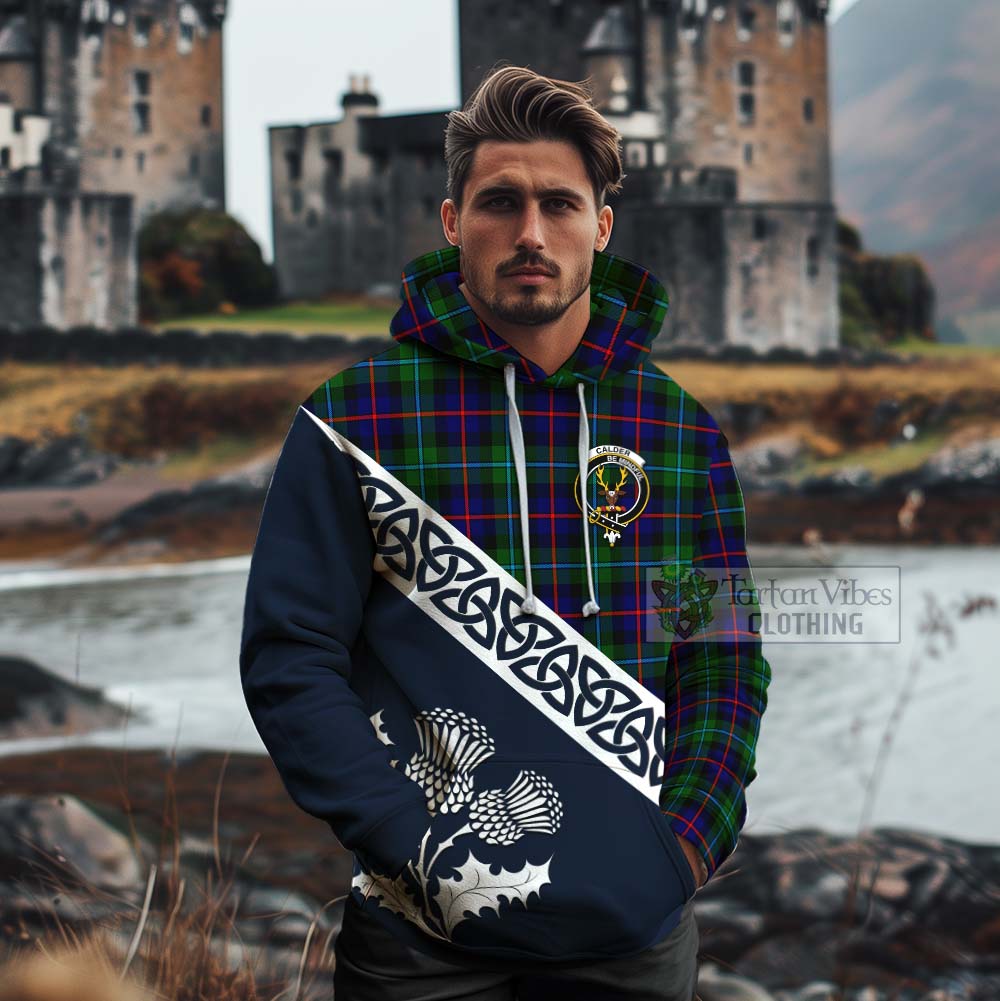 Calder Tartan Cotton Hoodie Featuring Thistle and Scotland Map - Tartan Vibes Clothing