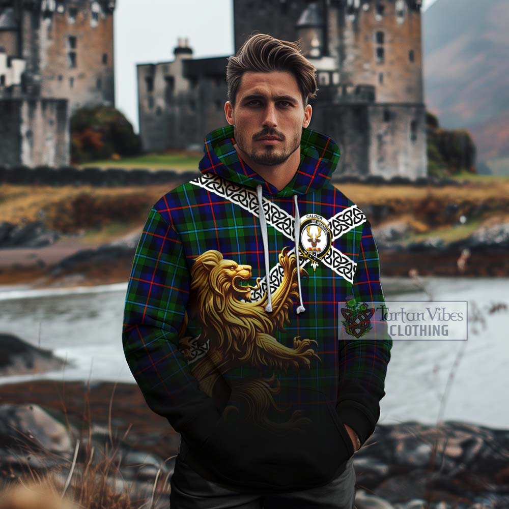 Tartan Vibes Clothing Calder Crest Tartan Cotton Hoodie with Golden Lion Emblem Celtic Style