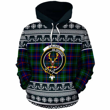 Calder Clan Tartan Christmas Cotton Hoodie with Family Crest