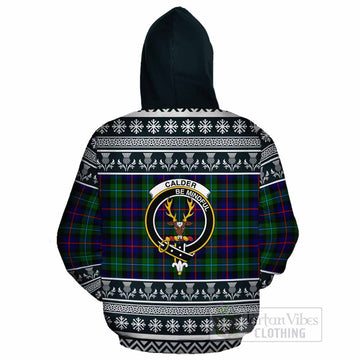 Calder Clan Tartan Christmas Cotton Hoodie with Family Crest