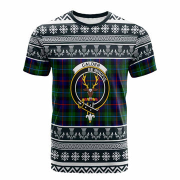 Calder Clan Tartan Christmas Cotton T-shirt with Family Crest