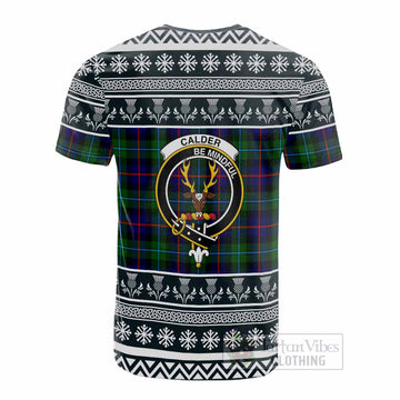 Calder Clan Tartan Christmas Cotton T-shirt with Family Crest