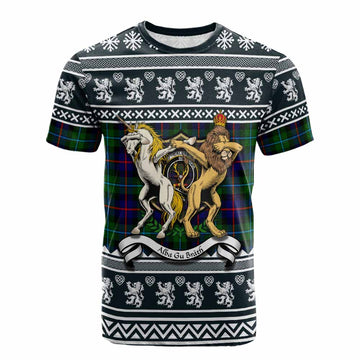 Calder Clan Tartan Crest Christmas Cotton T-shirt Coat of Arms Funny Style
