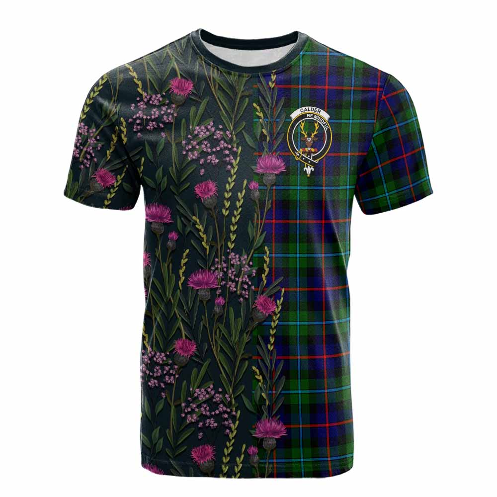 Calder Family Crest Tartan Cotton T-shirt Scottish Thistle Flower Pattern Half Style - Tartan Vibes Clothing