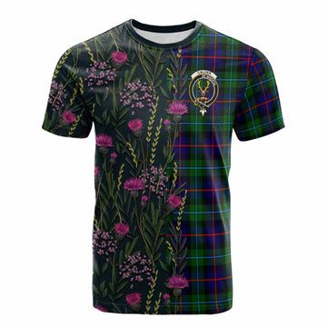 Calder Family Crest Tartan Cotton T-shirt Scottish Thistle Flower Pattern Half Style