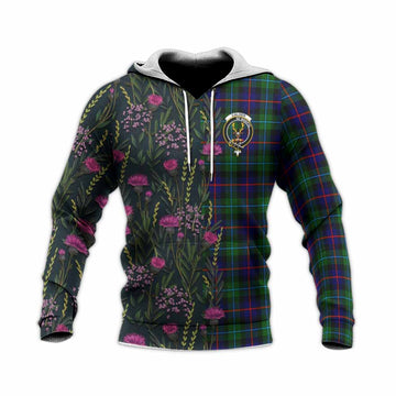 Calder Family Crest Tartan Knitted Hoodie Scottish Thistle Flower Pattern Half Style