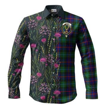 Calder Family Crest Tartan Long Sleeve Button Shirts Scottish Thistle Flower Pattern Half Style