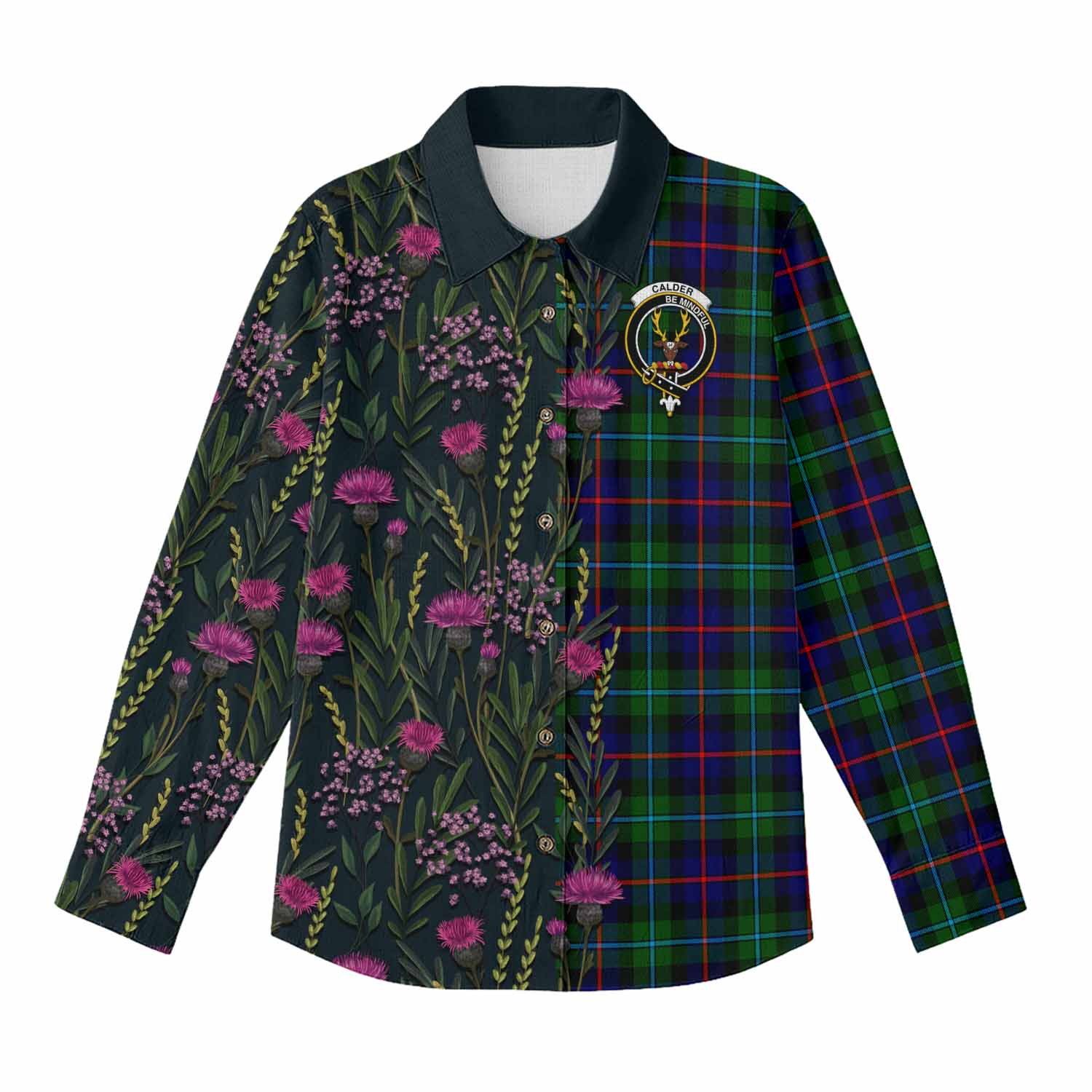 Calder Family Crest Tartan Women Casual Shirt Scottish Thistle Flower Pattern Half Style - Tartan Vibes Clothing