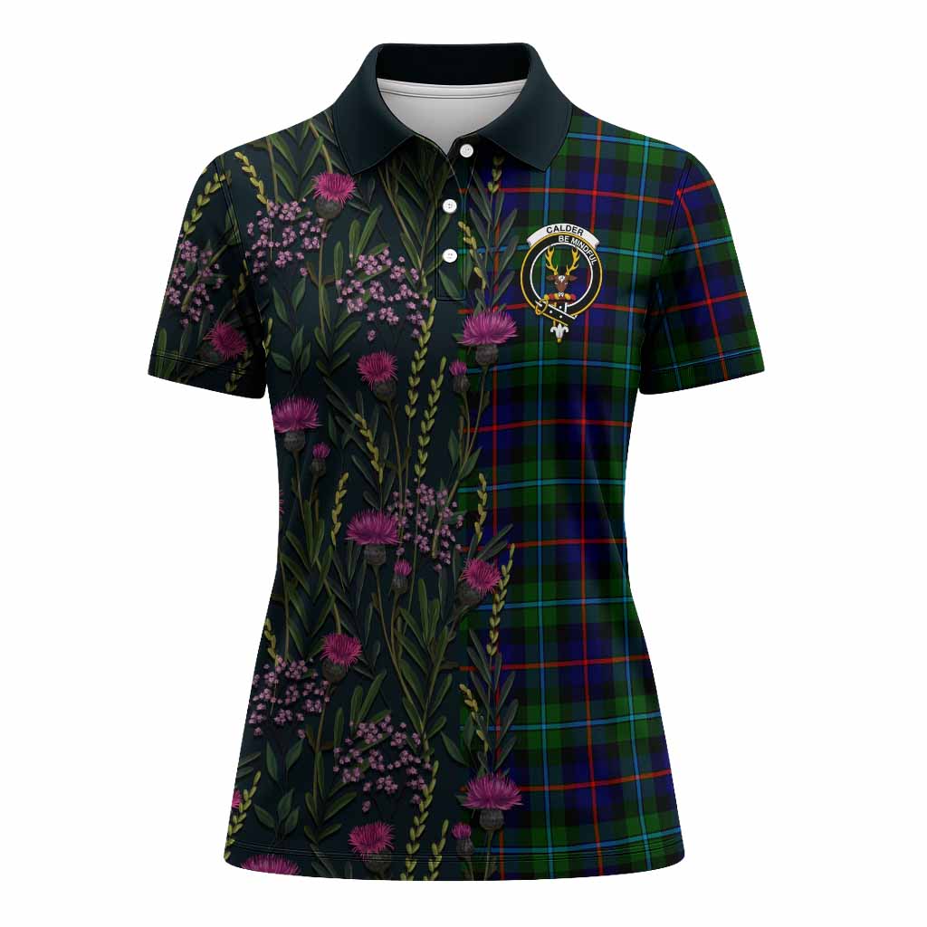 Calder Family Crest Tartan Women Polo Shirt Scottish Thistle Flower Pattern Half Style - Tartan Vibes Clothing