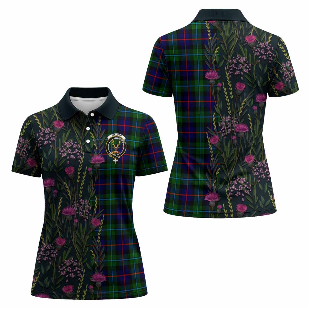 Calder Family Crest Tartan Women Polo Shirt Scottish Thistle Flower Pattern Half Style - Tartan Vibes Clothing