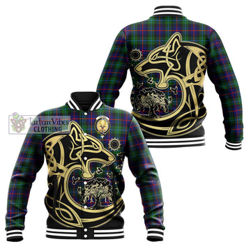 Calder Tartan Baseball Jacket with Family Crest Celtic Wolf Style Unisex - Tartan Vibes Clothing