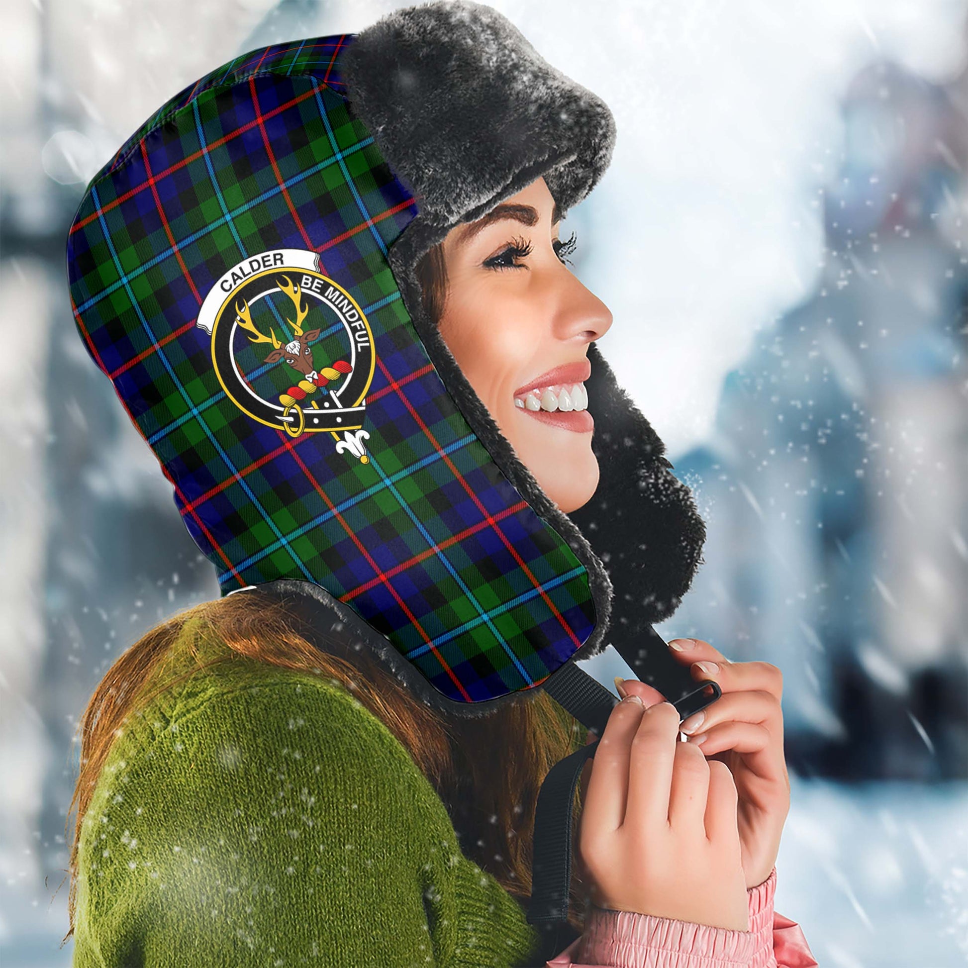 Calder Tartan Winter Trapper Hat with Family Crest Winter Trapper Hat Universal Fit Circumference 22.8in (58cm) - Tartan Vibes Clothing