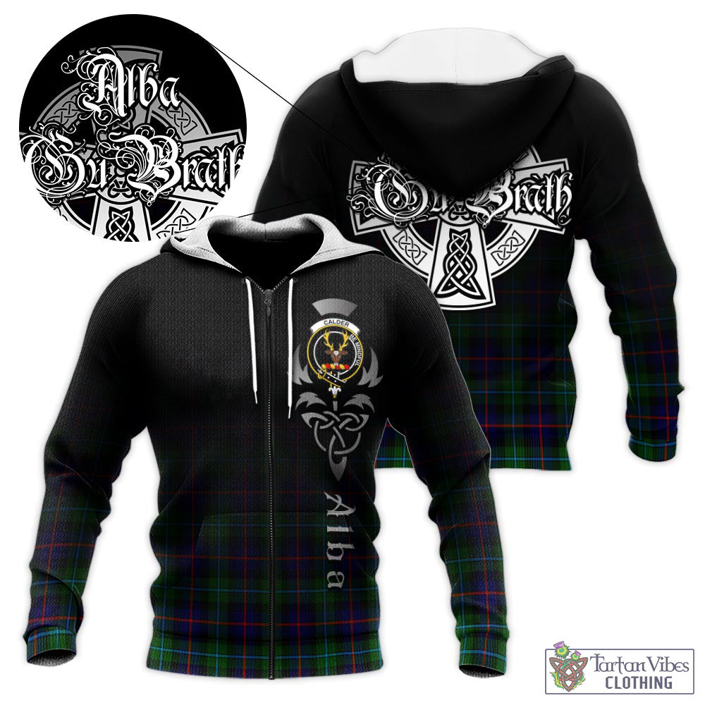 Tartan Vibes Clothing Calder Modern Tartan Knitted Hoodie Featuring Alba Gu Brath Family Crest Celtic Inspired