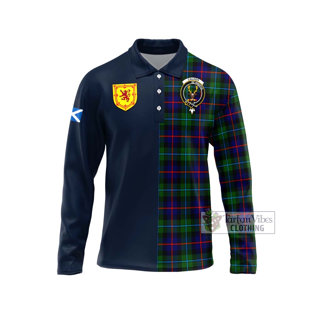 Calder Tartan Long Sleeve Polo Shirt Alba with Scottish Lion Royal Arm Half Style Unisex - Tartan Vibes Clothing