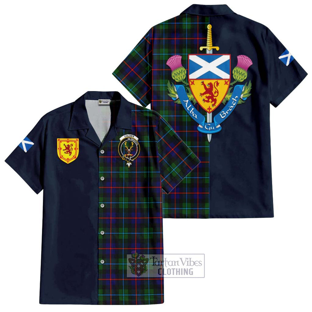 Calder Tartan Hawaiian Shirt Alba with Scottish Lion Royal Arm Half Style Kid - Tartan Vibes Clothing