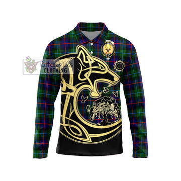 Calder Tartan Long Sleeve Polo Shirt with Family Crest Celtic Wolf Style Unisex - Tartan Vibes Clothing