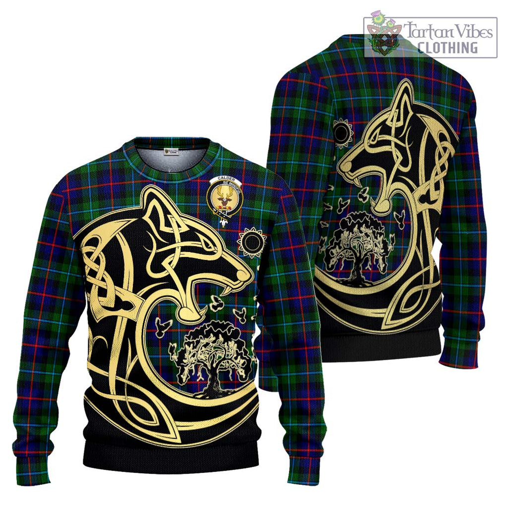 Calder Tartan Ugly Sweater with Family Crest Celtic Wolf Style Unisex - Tartan Vibes Clothing