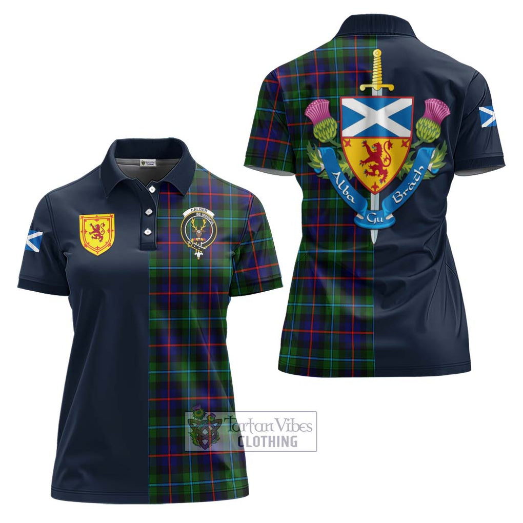 Calder Tartan Women's Polo Shirt Alba with Scottish Lion Royal Arm Half Style Women - Tartan Vibes Clothing