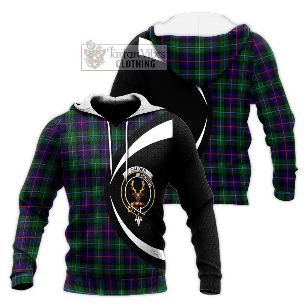 Calder Tartan Knitted Hoodie with Family Crest Circle Style Unisex Knitted Pullover Hoodie - Tartan Vibes Clothing