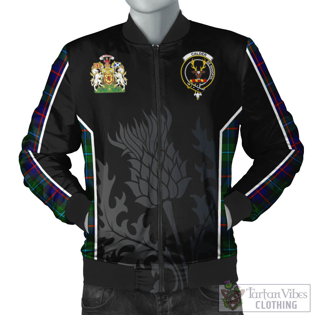 Tartan Vibes Clothing Calder Modern Tartan Bomber Jacket with Family Crest and Scottish Thistle Vibes Sport Style