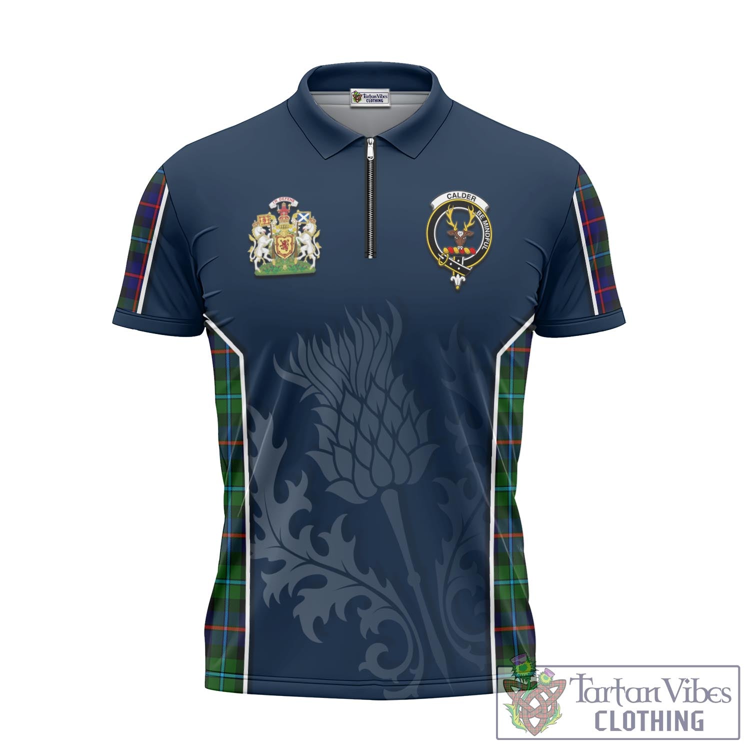 Tartan Vibes Clothing Calder Modern Tartan Zipper Polo Shirt with Family Crest and Scottish Thistle Vibes Sport Style