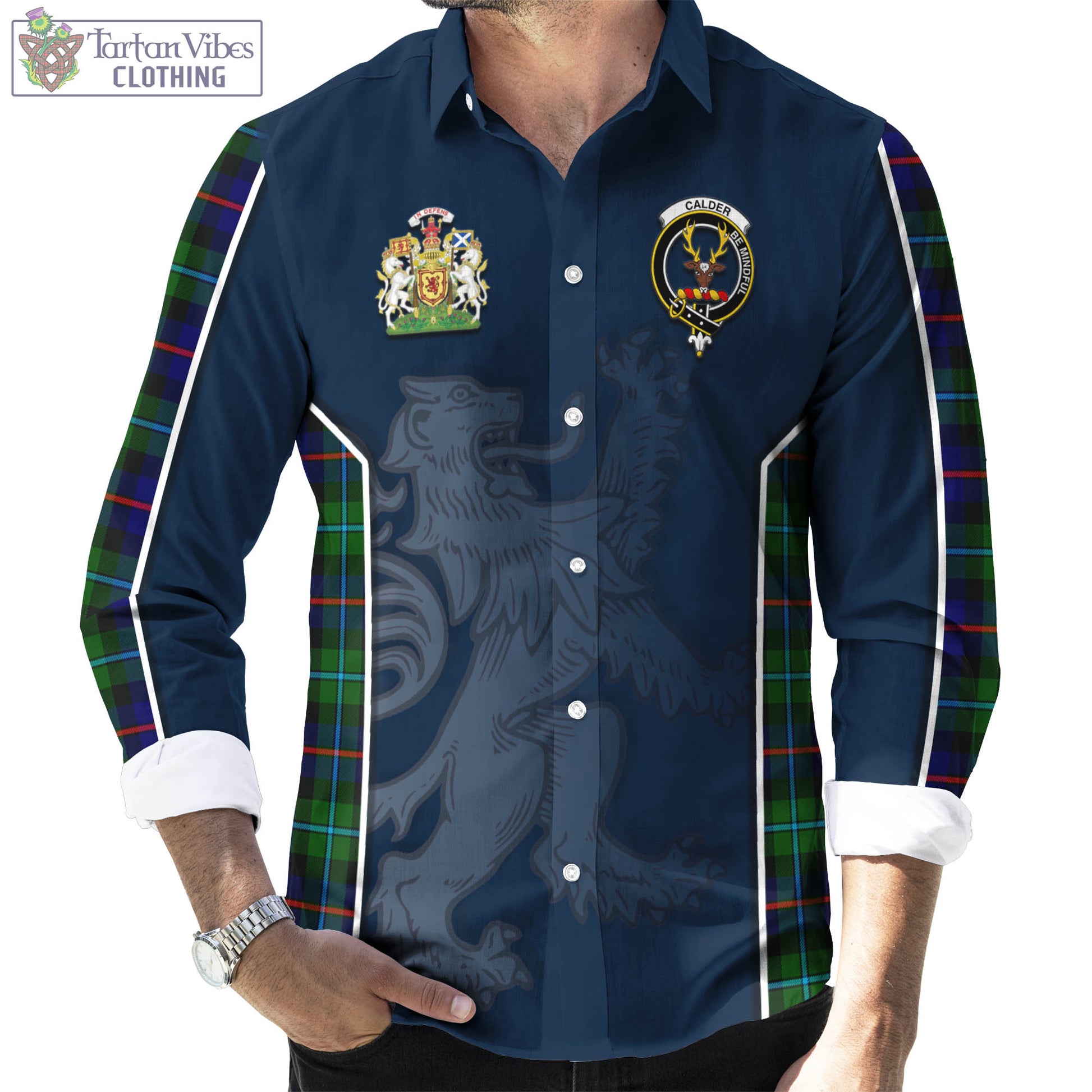Tartan Vibes Clothing Calder Modern Tartan Long Sleeve Button Up Shirt with Family Crest and Lion Rampant Vibes Sport Style