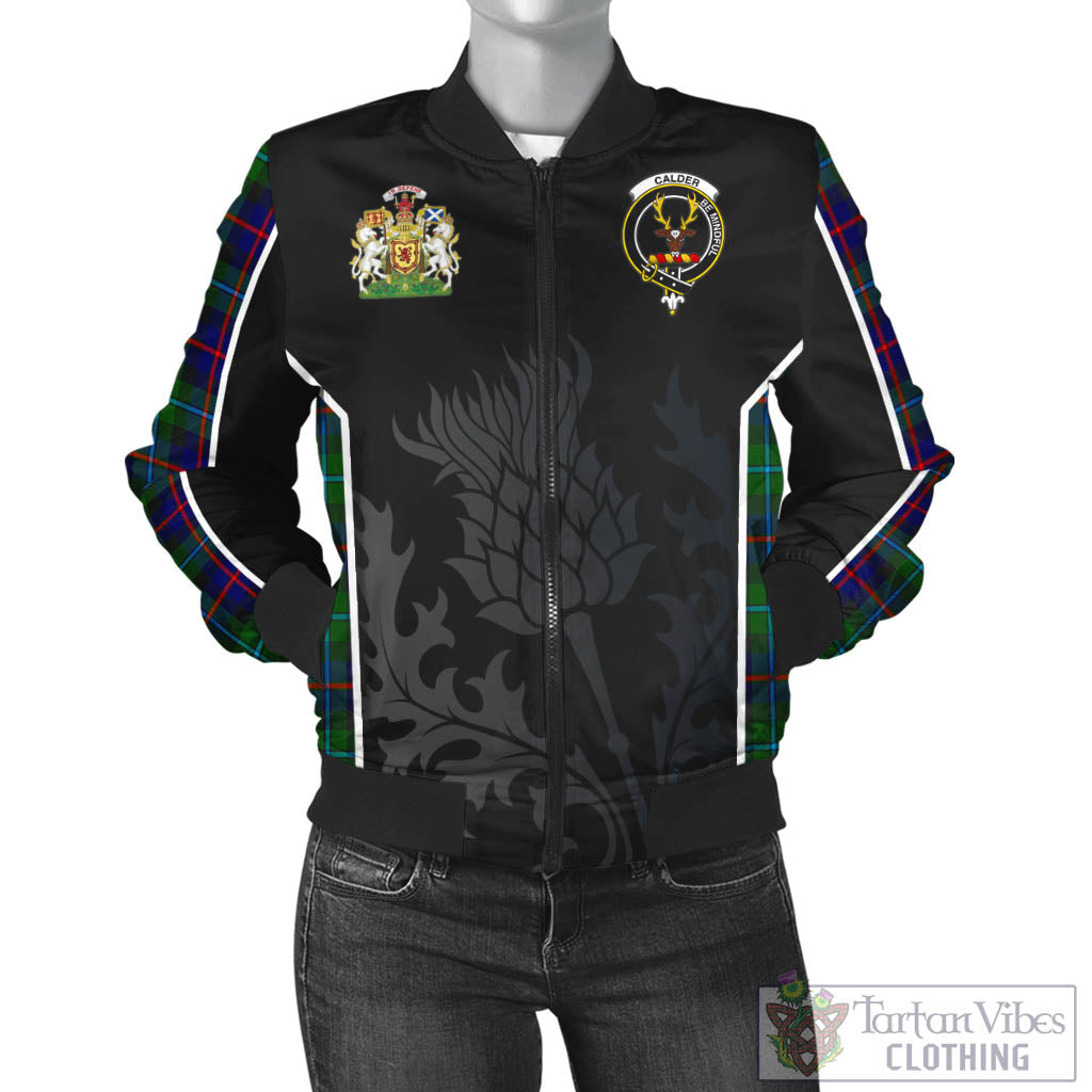 Tartan Vibes Clothing Calder Modern Tartan Bomber Jacket with Family Crest and Scottish Thistle Vibes Sport Style