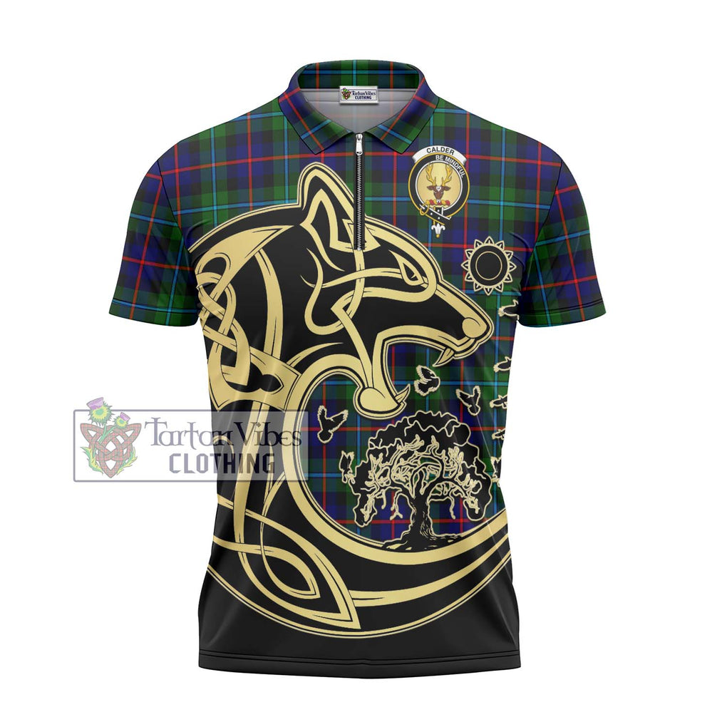 Calder Tartan Zipper Polo Shirt with Family Crest Celtic Wolf Style - Tartanvibesclothing Shop