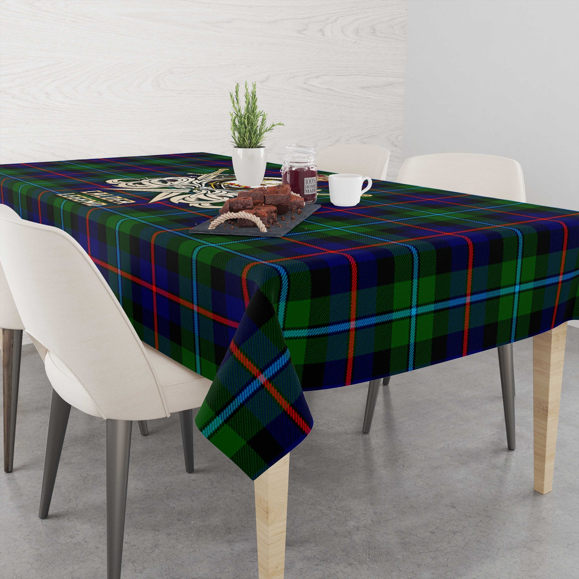 Calder Tartan Tablecloth with Clan Crest and the Golden Sword of Courageous Legacy - Tartan Vibes Clothing