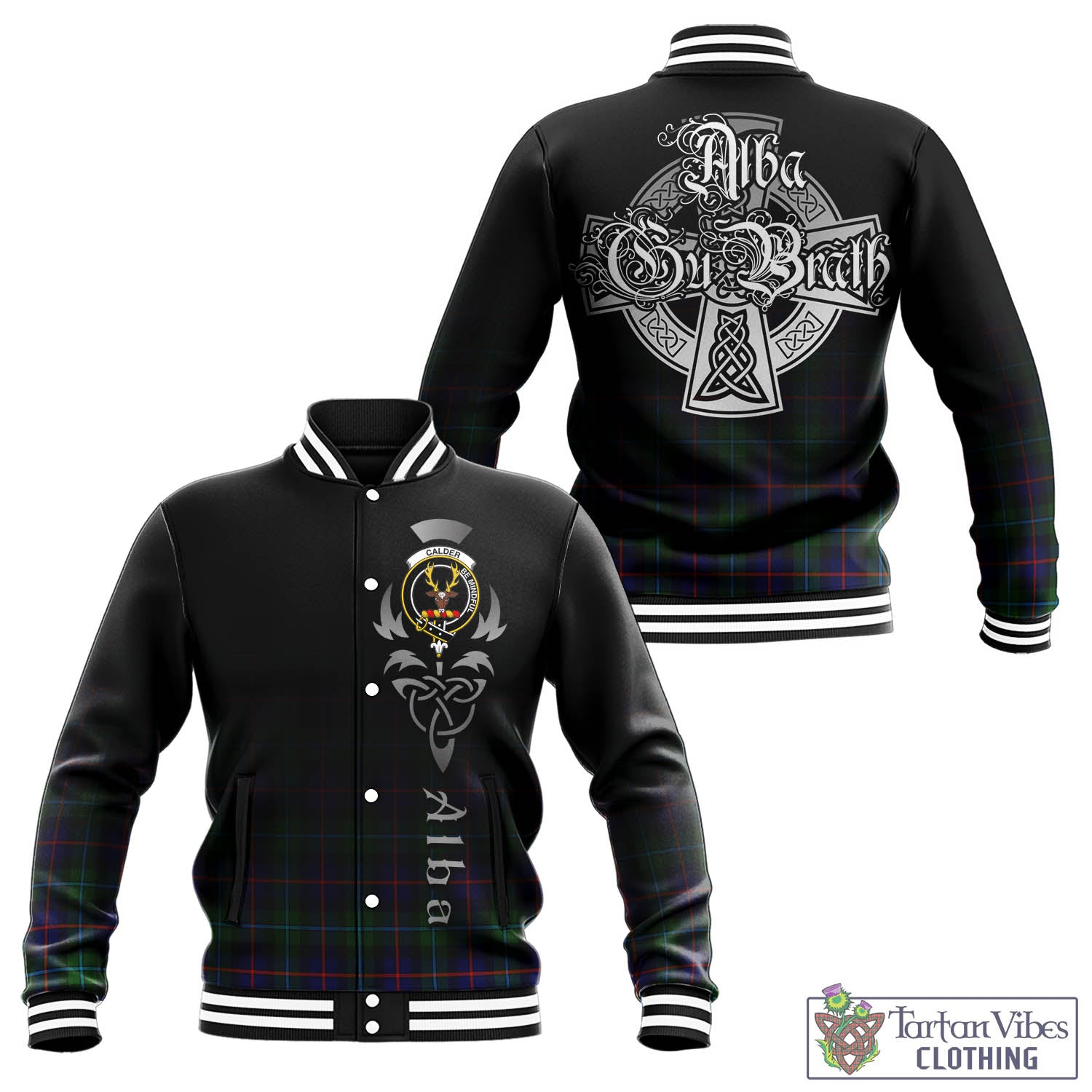 Tartan Vibes Clothing Calder Modern Tartan Baseball Jacket Featuring Alba Gu Brath Family Crest Celtic Inspired