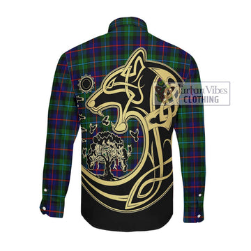 Calder Tartan Long Sleeve Button Shirt with Family Crest Celtic Wolf Style Men's Shirt - Tartan Vibes Clothing