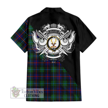 Calder Tartan Short Sleeve Button Shirt with Family Crest and Military Logo Style - Tartanvibesclothing Shop