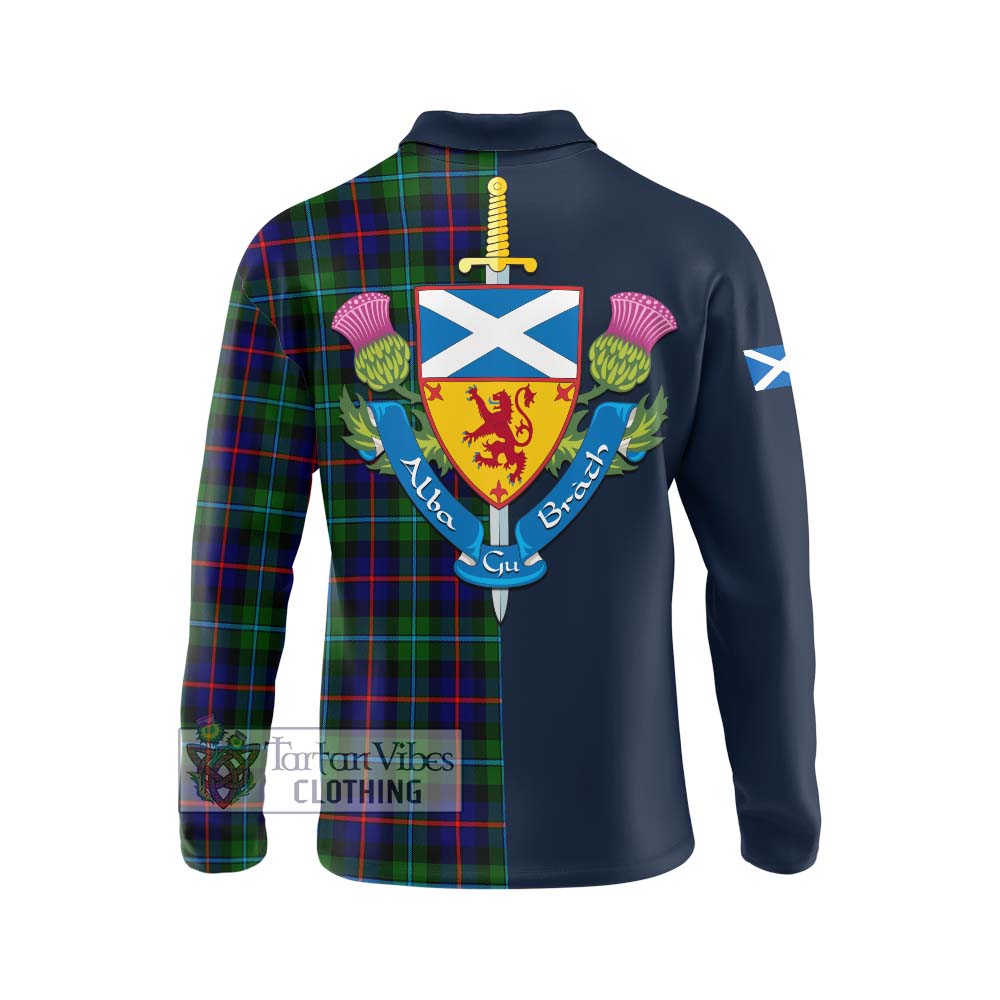 Calder Tartan Long Sleeve Polo Shirt Alba with Scottish Lion Royal Arm Half Style - Tartan Vibes Clothing