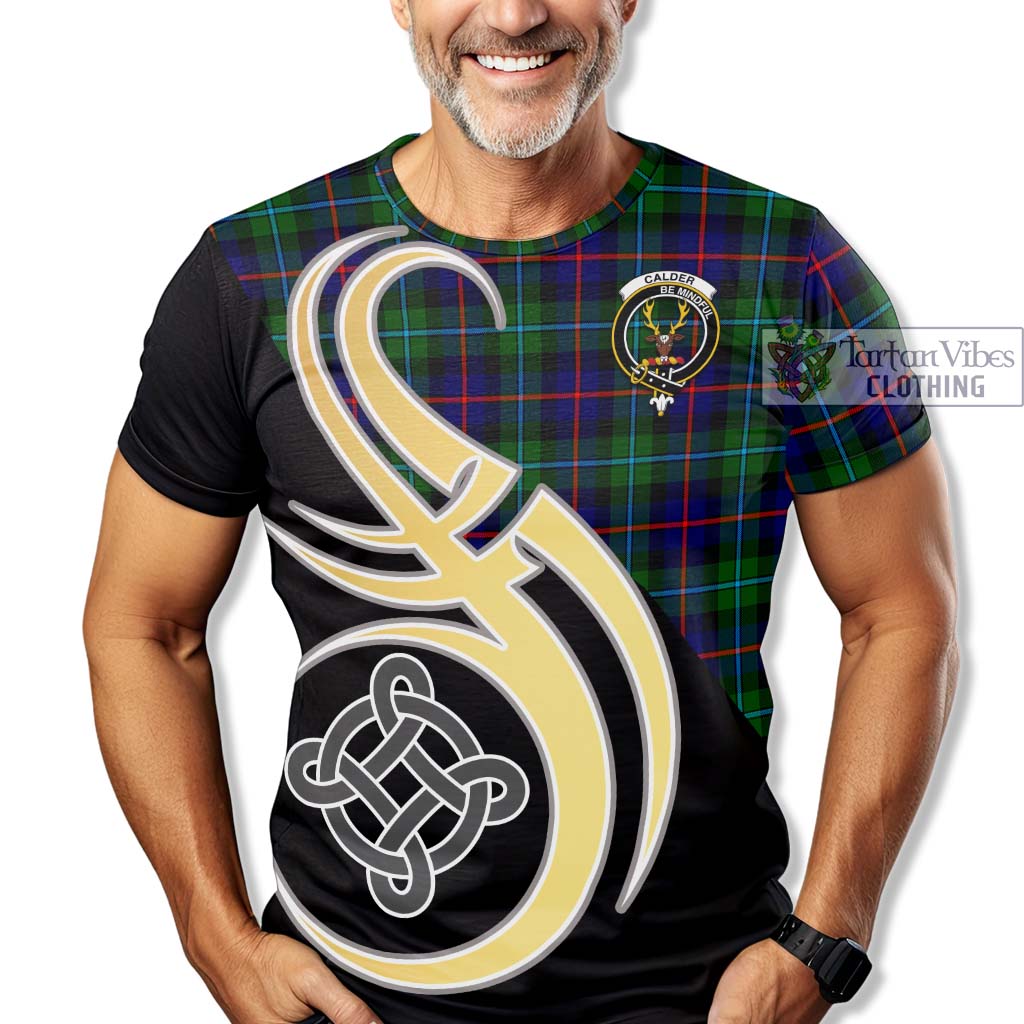 Calder Tartan T-Shirt with Family Crest and Celtic Symbol Style - Tartan Vibes Clothing