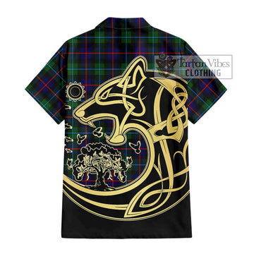 Calder Tartan Short Sleeve Button Shirt with Family Crest Celtic Wolf Style - Tartan Vibes Clothing