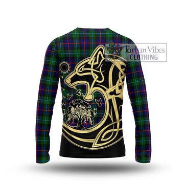 Calder Tartan Long Sleeve T-Shirt with Family Crest Celtic Wolf Style - Tartan Vibes Clothing