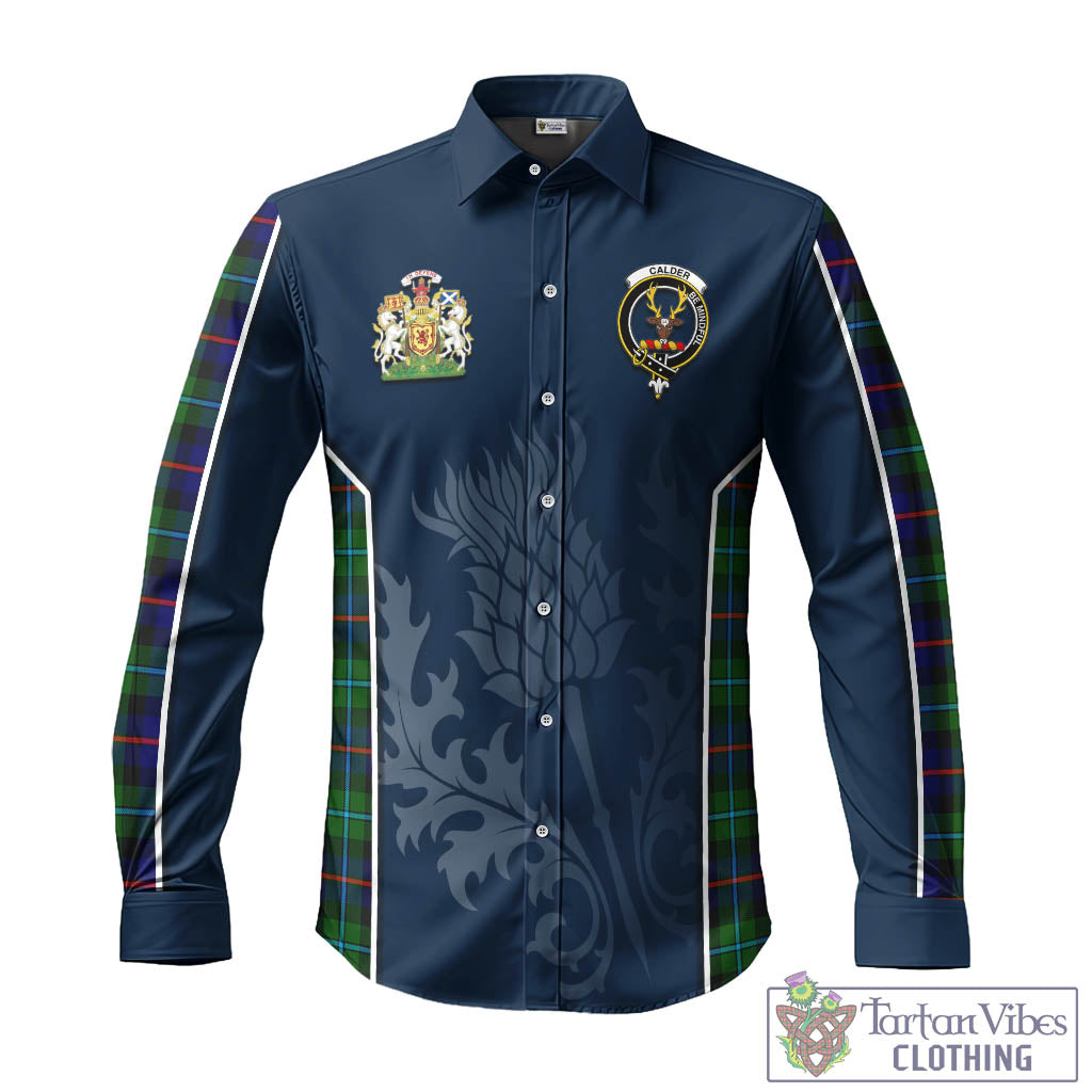 Tartan Vibes Clothing Calder Modern Tartan Long Sleeve Button Up Shirt with Family Crest and Scottish Thistle Vibes Sport Style
