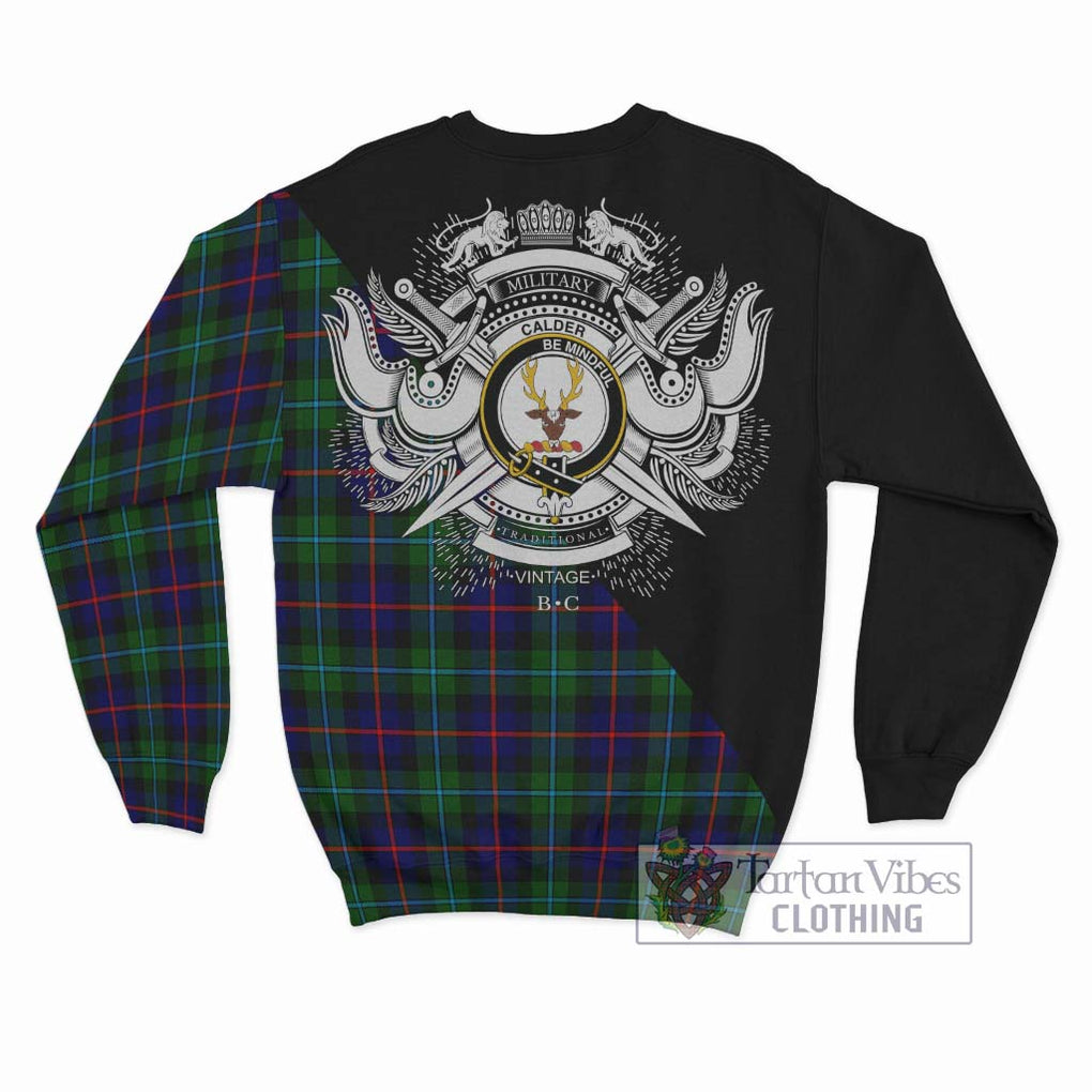 Calder Tartan Sweatshirt with Family Crest and Military Logo Style - Tartan Vibes Clothing