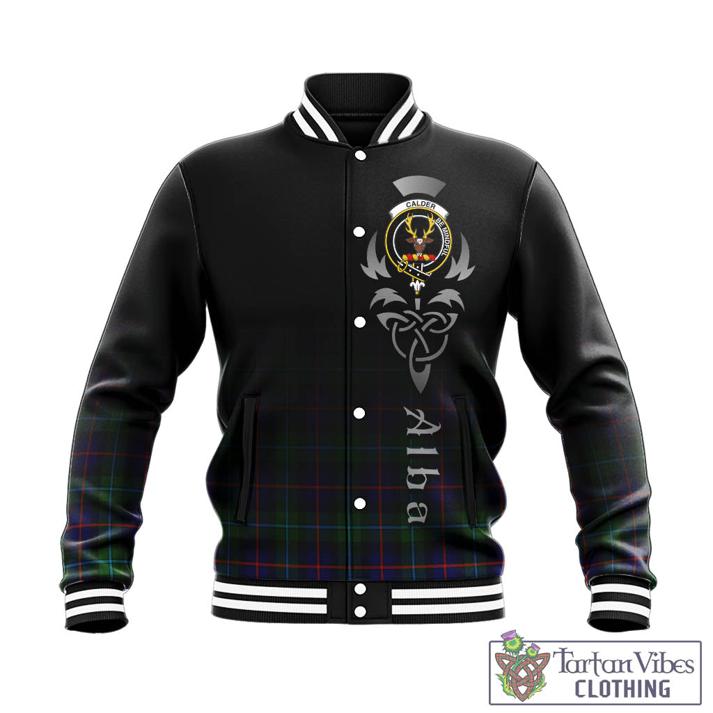 Tartan Vibes Clothing Calder Modern Tartan Baseball Jacket Featuring Alba Gu Brath Family Crest Celtic Inspired