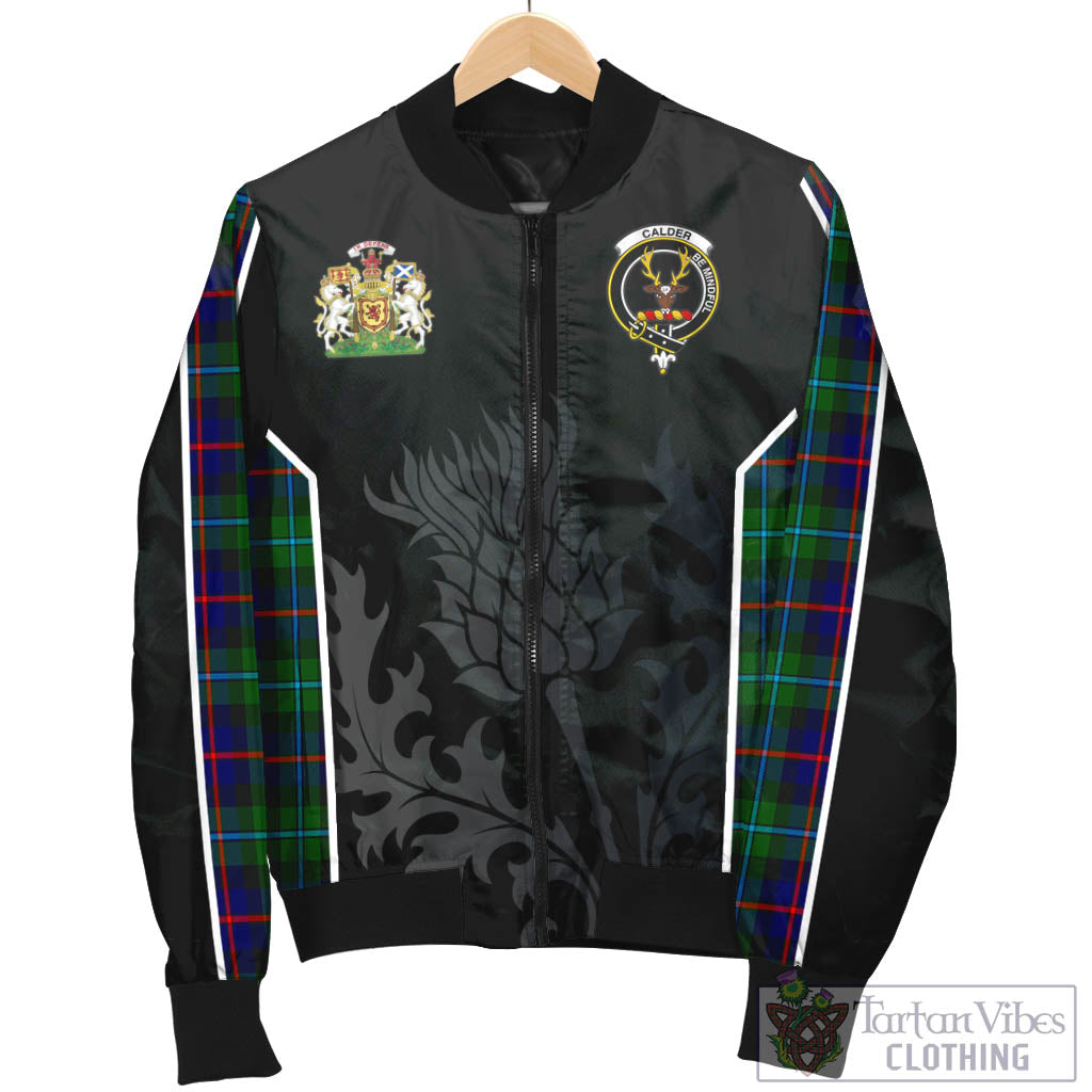 Tartan Vibes Clothing Calder Modern Tartan Bomber Jacket with Family Crest and Scottish Thistle Vibes Sport Style