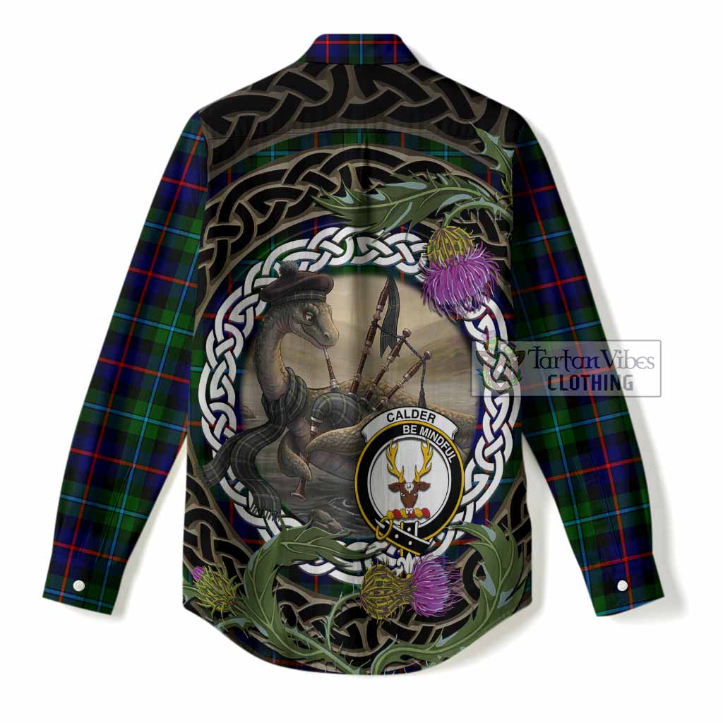 Calder Tartan Crest Bagpipe Nessie Women Casual Shirt Scottish Loch Ness Monster Celtic Thistle