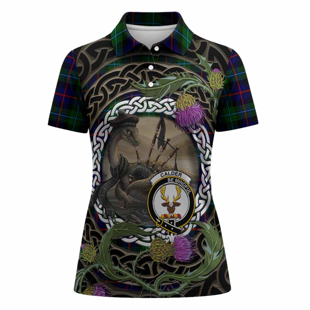 Calder Tartan Crest Bagpipe Nessie Women Polo Shirt Scottish Loch Ness Monster Celtic Thistle