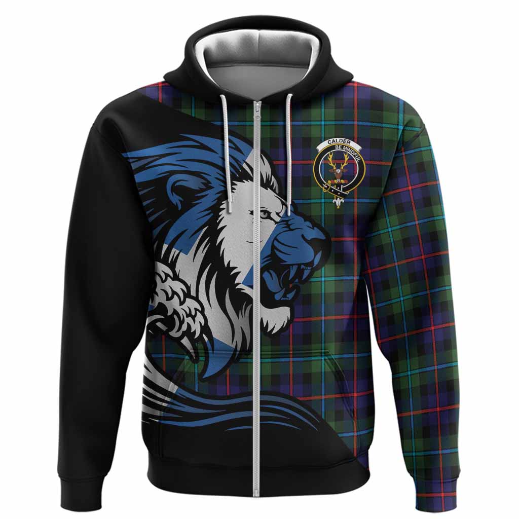 Calder Tartan Crest Hoodie Scottish Golden Lions Wave Flow