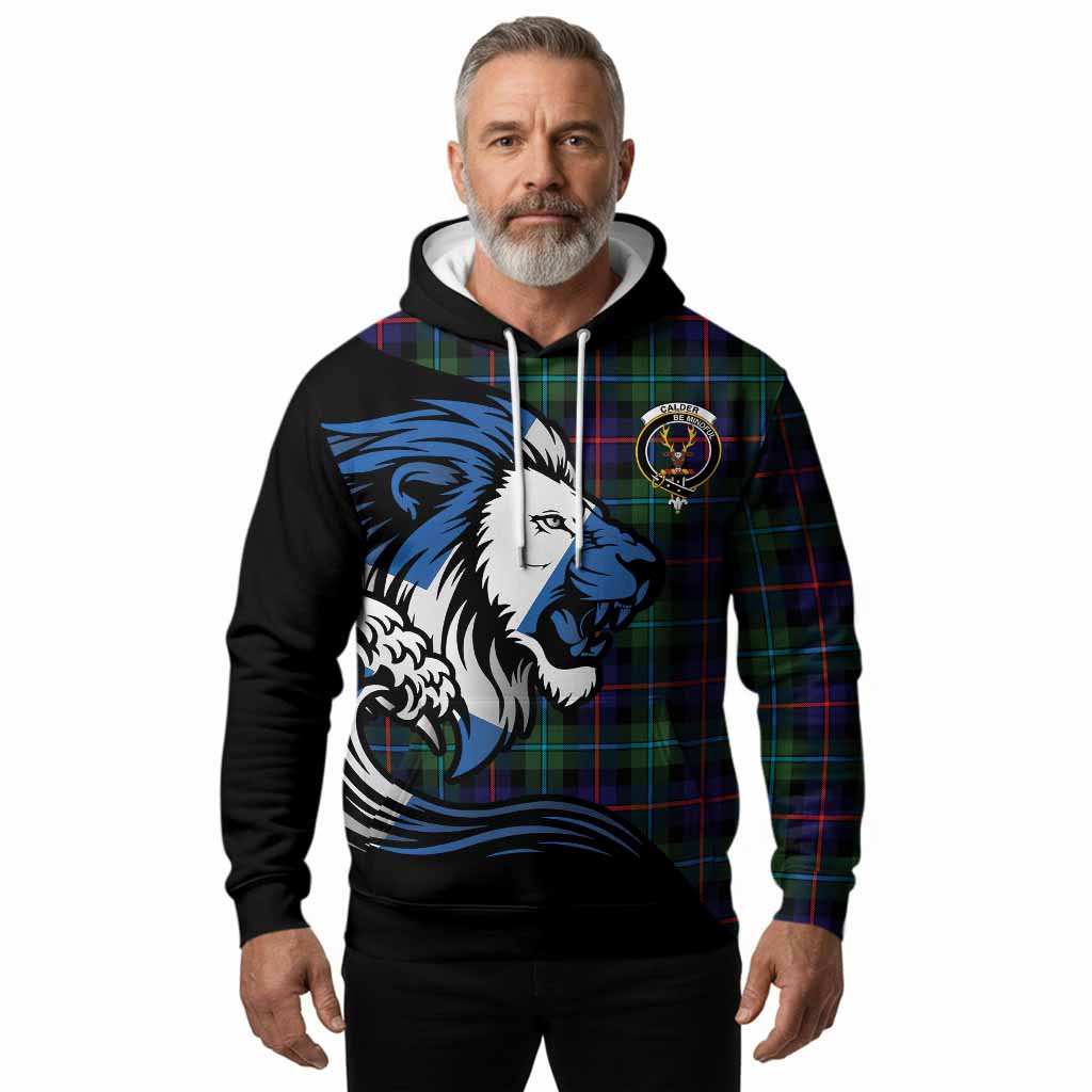 Calder Tartan Crest Hoodie Scottish Golden Lions Wave Flow