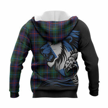 Calder Tartan Crest Knitted Hoodie Scottish Golden Lions Wave Flow