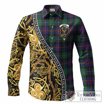 Calder Tartan Crest Long Sleeve Button Shirts Celtic Knot and Triple Trickle Spiral Symbols