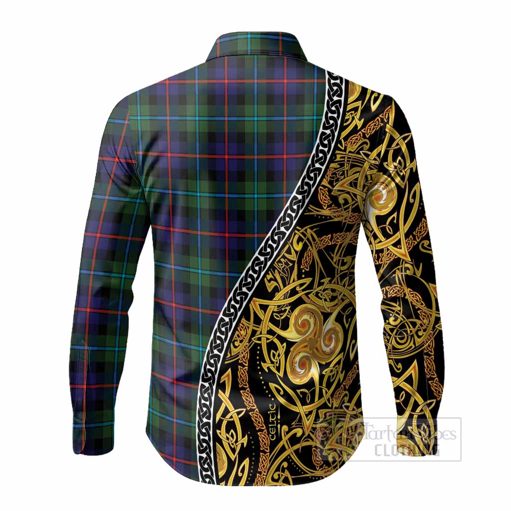 Calder Tartan Crest Long Sleeve Button Shirts Celtic Knot and Triple Trickle Spiral Symbols